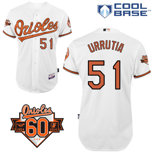 Henry Urrutia #51 MLB Jersey-Baltimore Orioles Men's Authentic Home White Cool Base/Commemorative 60th Anniversary Patch Baseball Jersey